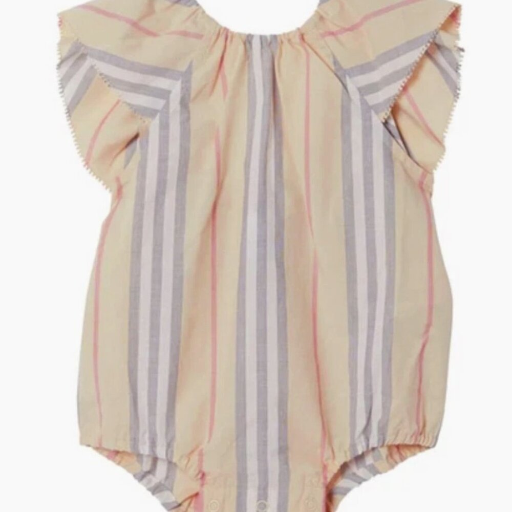 Burberry Baby Girl Ruffle Icon Stripes Bodysuit Romper Pale Stone Sz 12 Mth NWT!